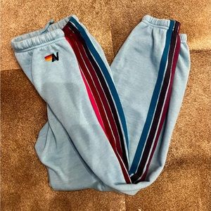 Aviator Nation sky blue 5 stripe sweat pants.